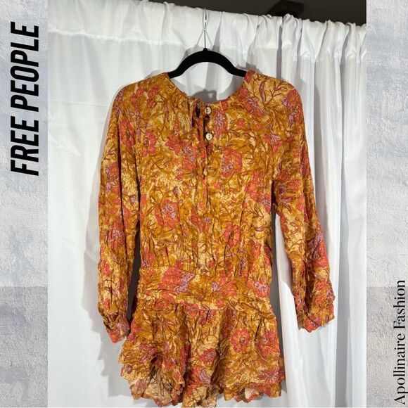 FREE PEOPLE DANCE TILL DAWN ROMPER IN ORANGE FLORAL PRINT XS TP NWOT - Picture 4 of 8
